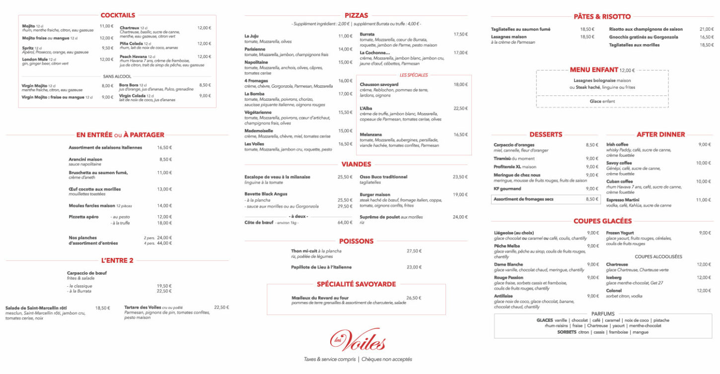 Carte du restaurant Les Voiles - Automne 2023