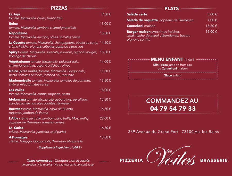 Carte Pizzas à Emporter - Les Voiles Aix-les-Bains