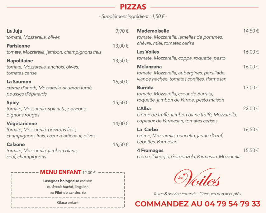 Carte Pizzas à Emporter - Les Voiles Aix-les-Bains