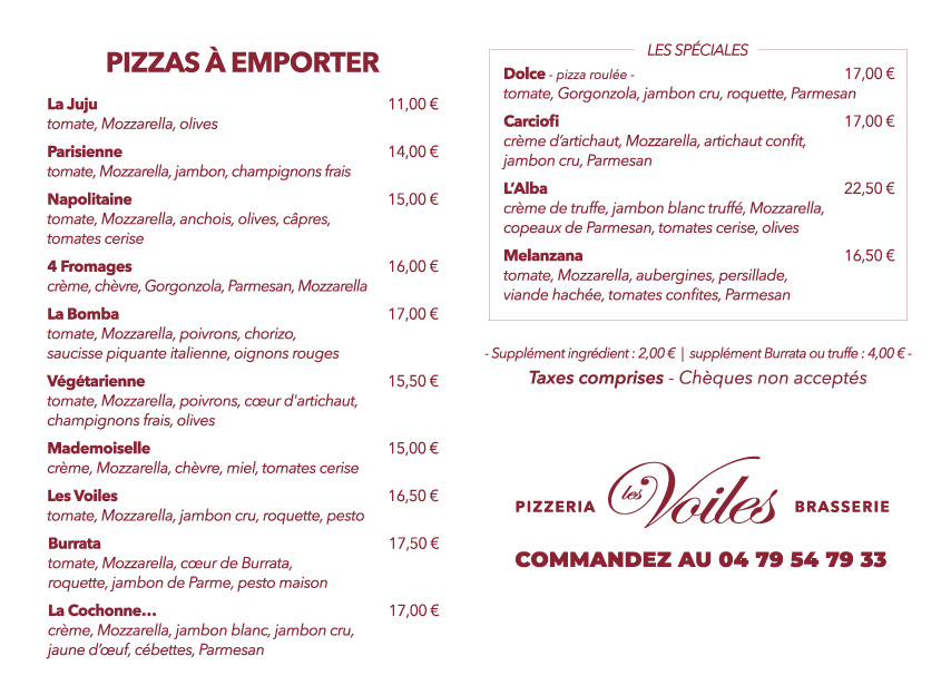 Carte Pizzas à Emporter - Les Voiles Aix-les-Bains