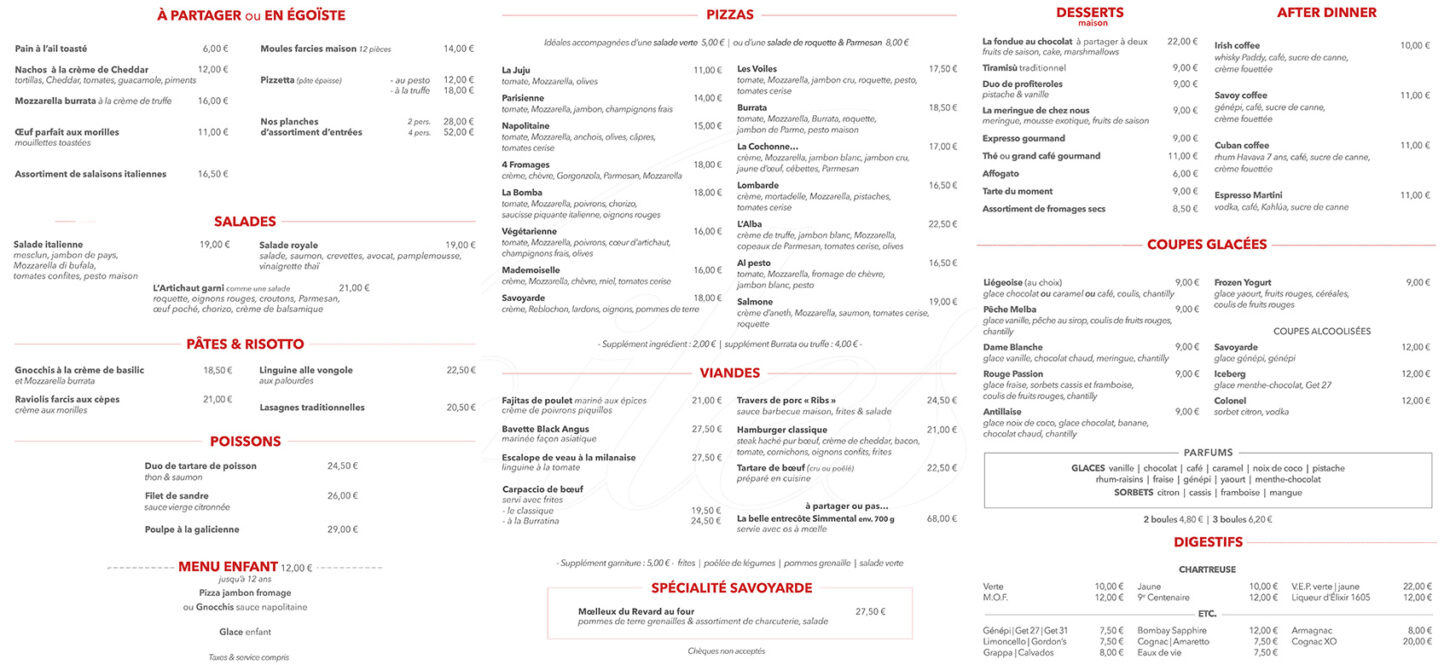 Carte du restaurant Les Voiles - Été 2025