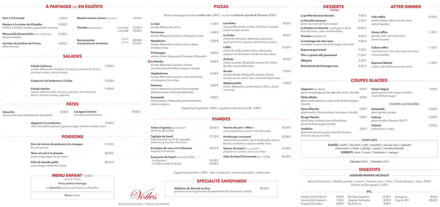 Carte du restaurant Les Voiles - Été 2026