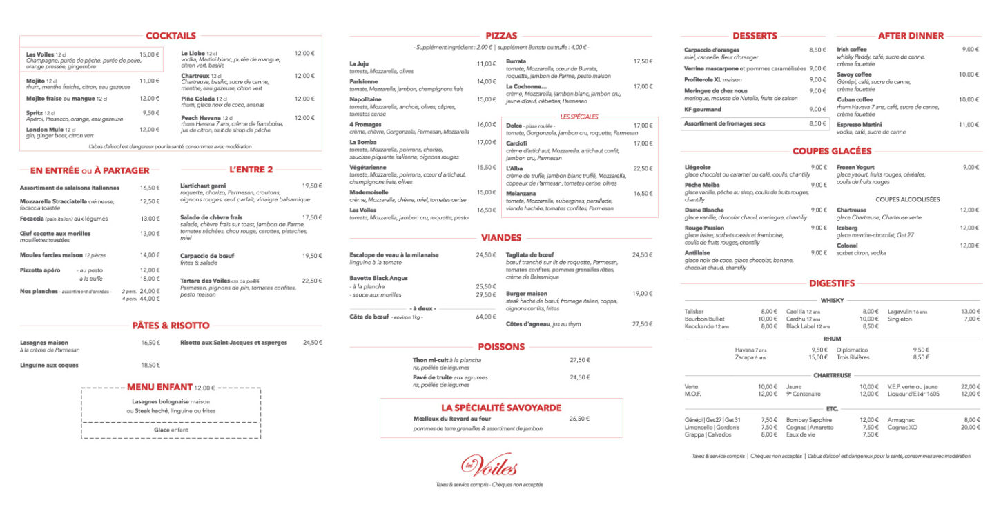 Carte du restaurant Les Voiles - Printemps 2023