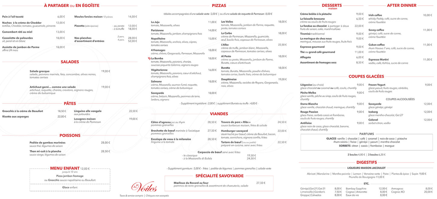 Carte du restaurant Les Voiles - Printemps 2026
