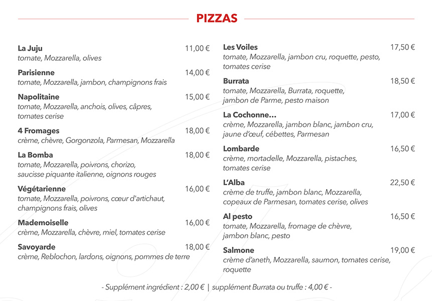Carte Pizzas à Emporter - Les Voiles Aix-les-Bains