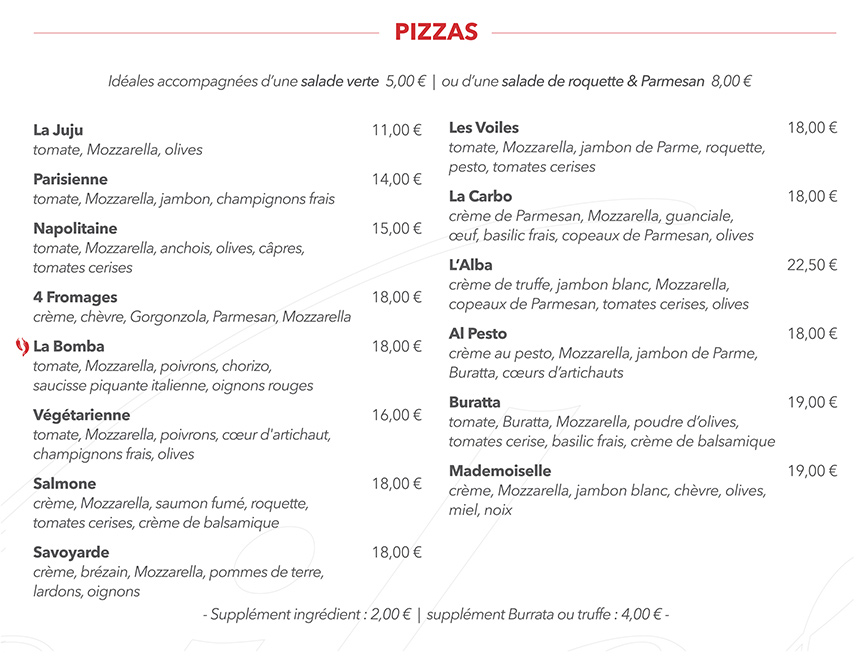 Carte Pizzas à Emporter - Les Voiles Aix-les-Bains