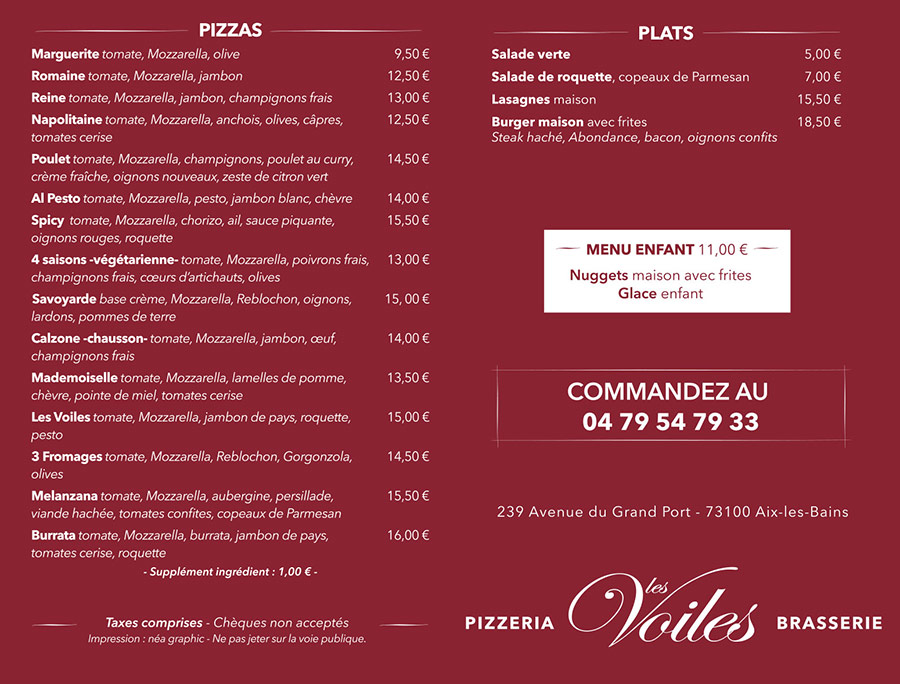 Carte Pizzas à Emporter - Les Voiles Aix-les-Bains