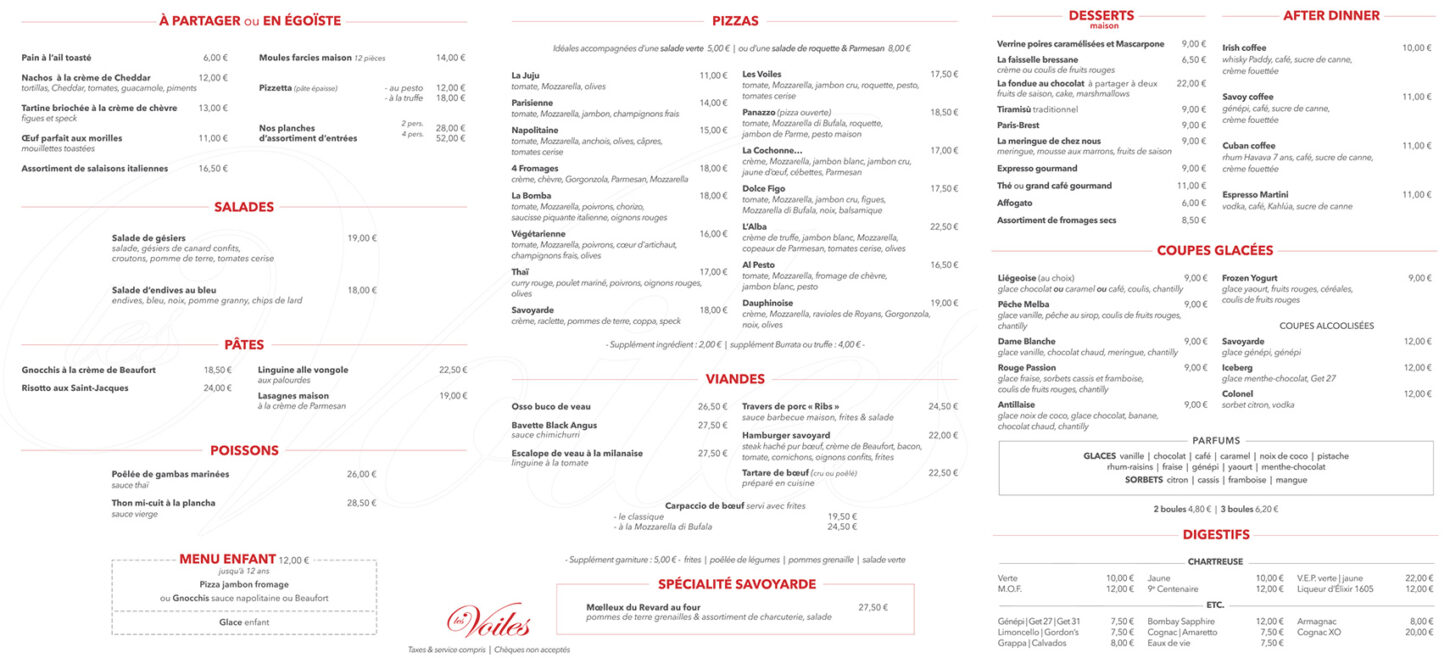 Carte du restaurant Les Voiles - Automne 2025